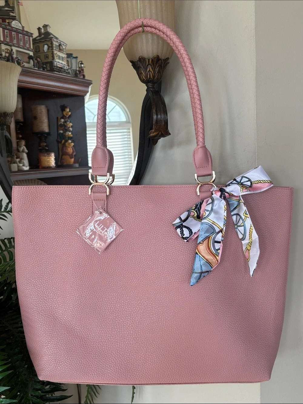 Ulta Dusty Rose Pink Pebbled Tote Bag Office Laptop Scarf Accent Bow Braided